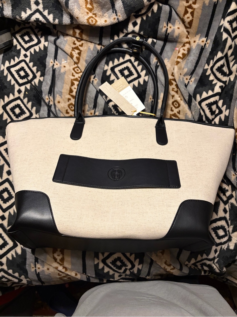 House of Harlow NWT XLarge Linen & Faux Black Leather Accents Tote